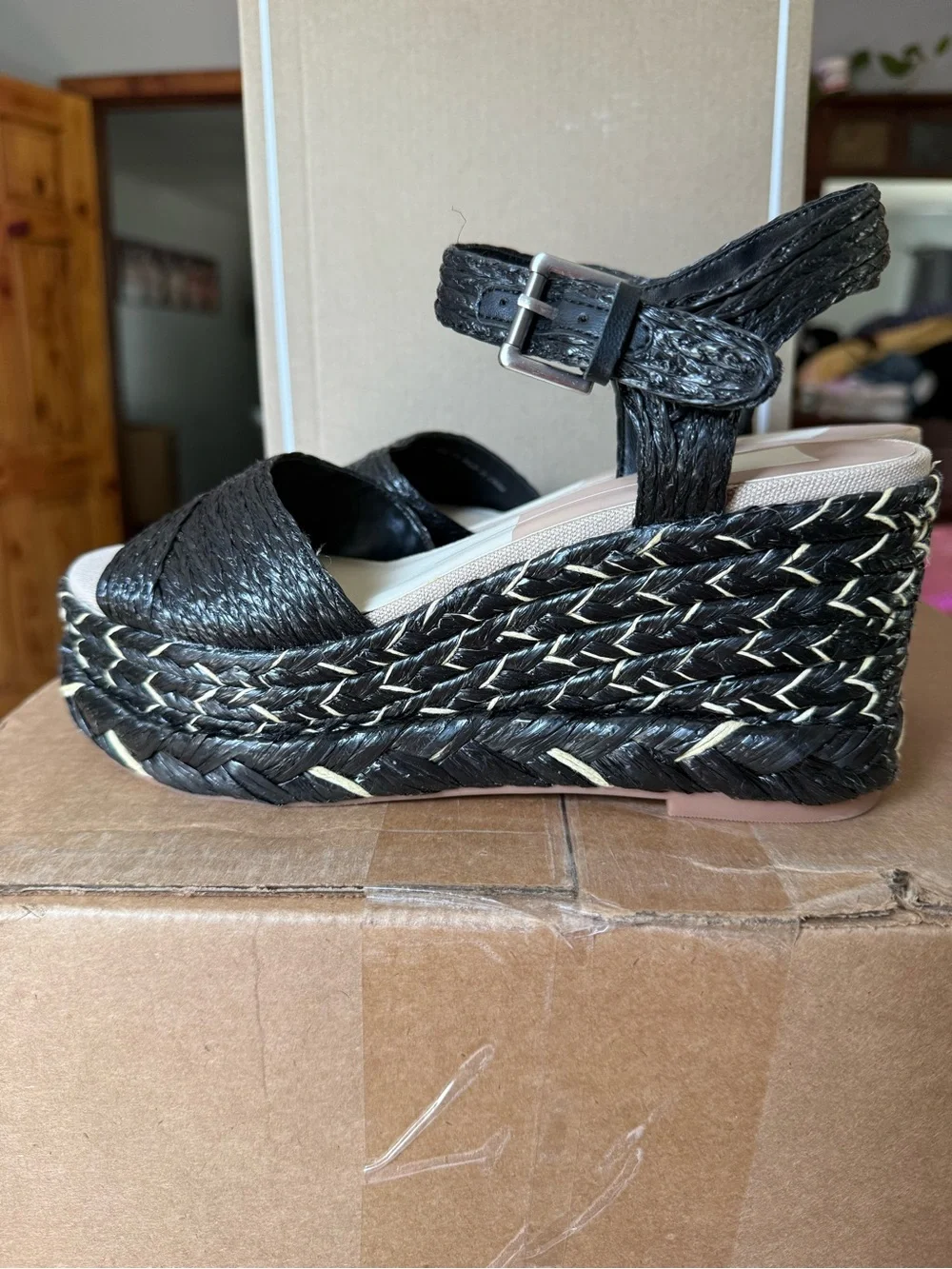 Dolce Vita Black Woven Platform Ankle-Strap Sandals